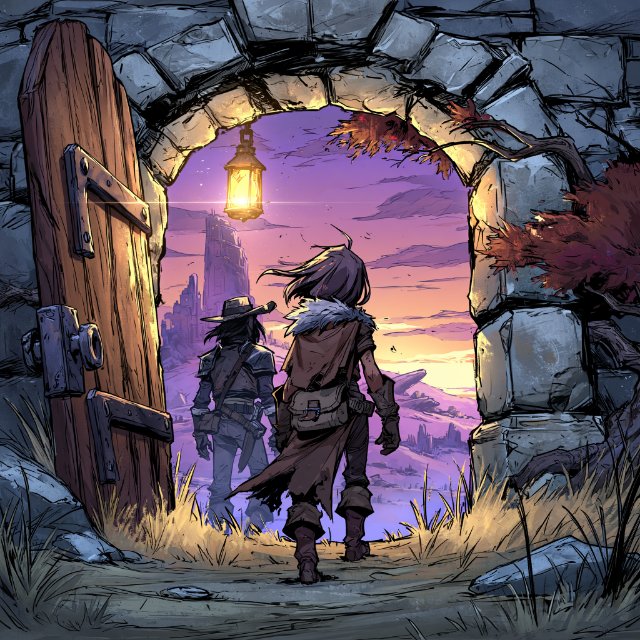 Two adventurers walking together through an ancient stone gateway into a golden sunset world